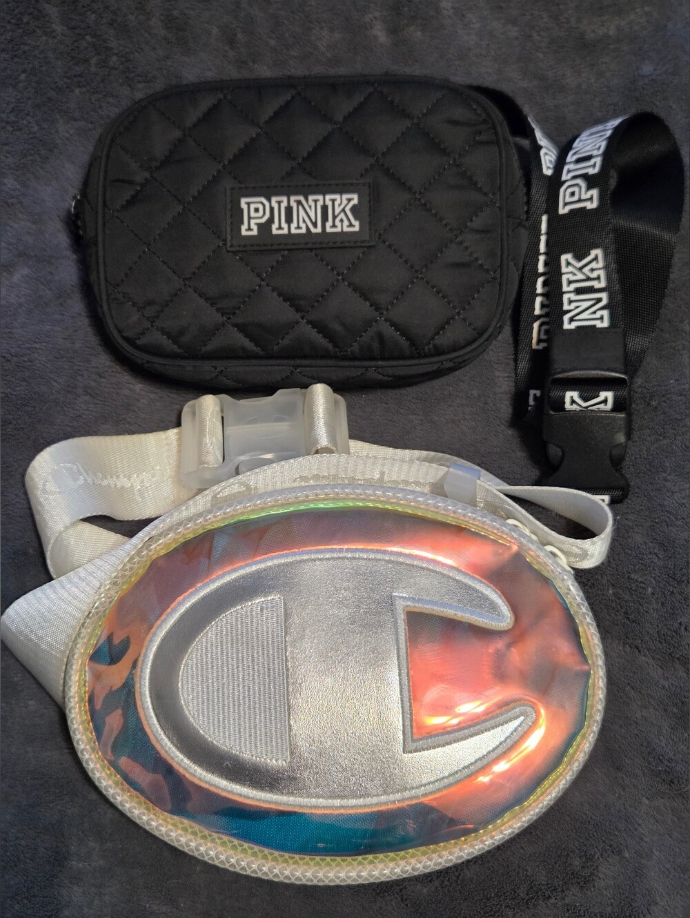 2 pc Bundle Quilted PINK Victoria's Secret & Iridescent Champion Belt Bag